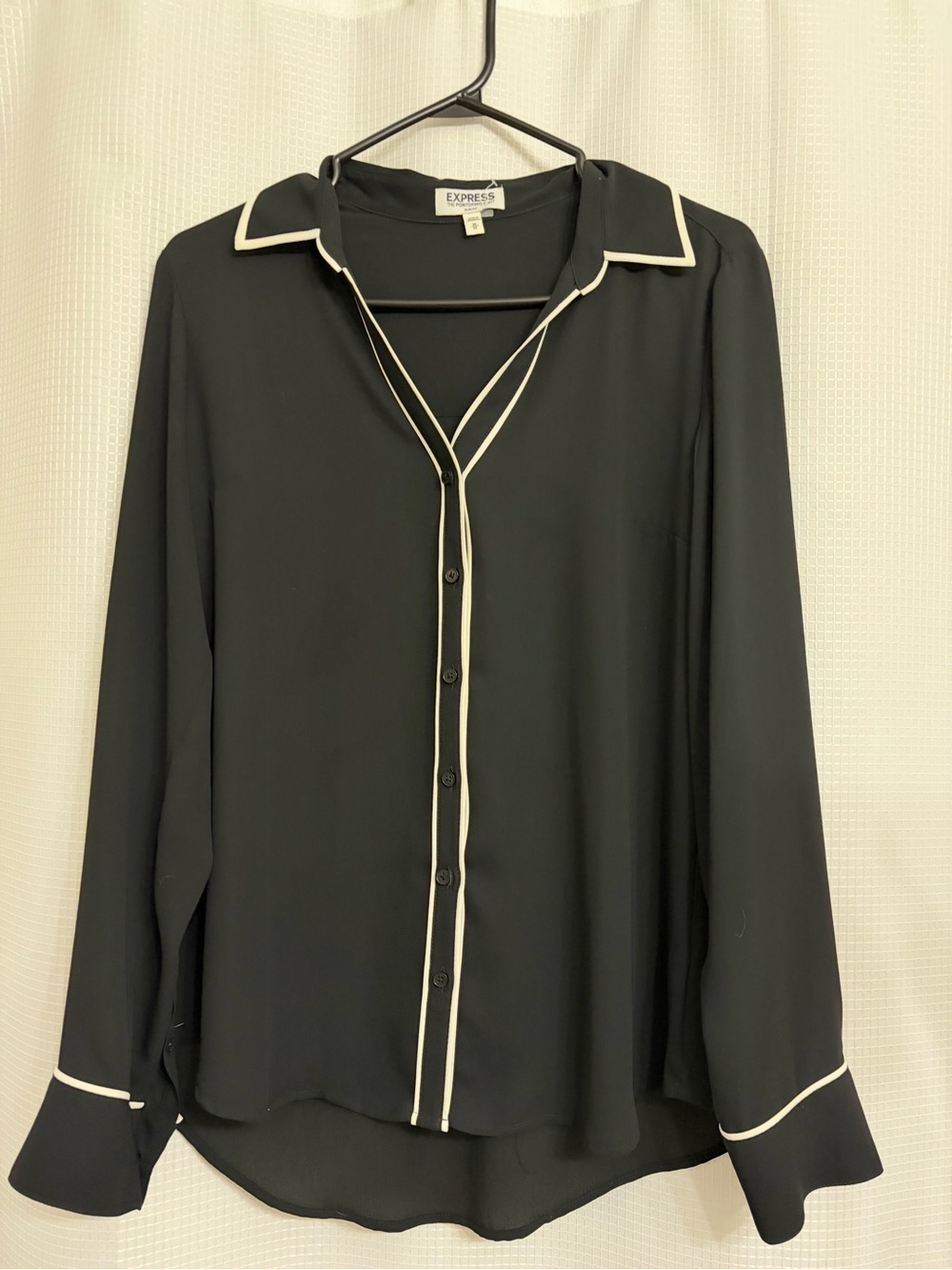 Express Black Button-Down Blouse with White Piping